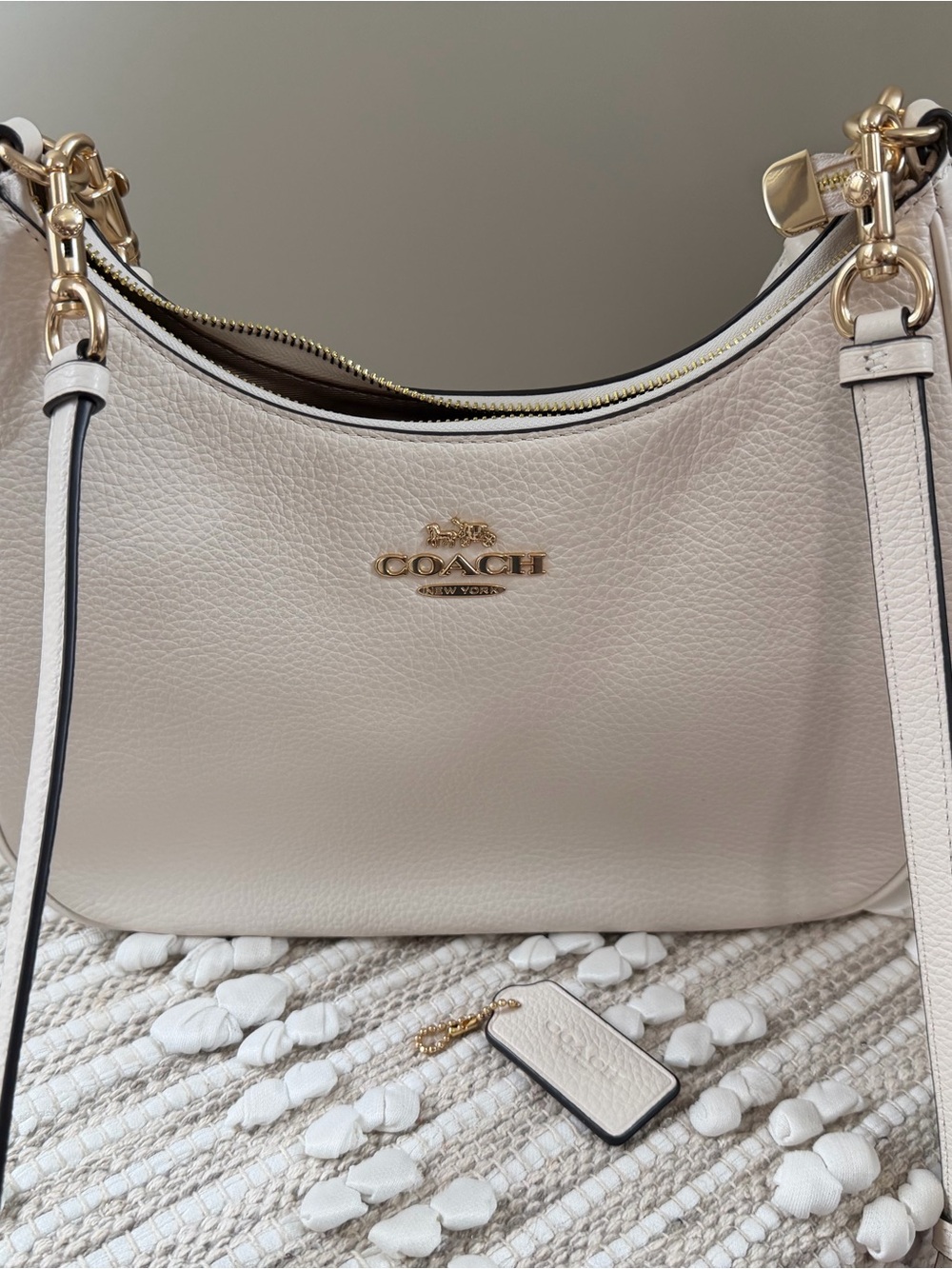COACH Pebbled Leather Shoulder Bag in Light Cream with Gold Hardware